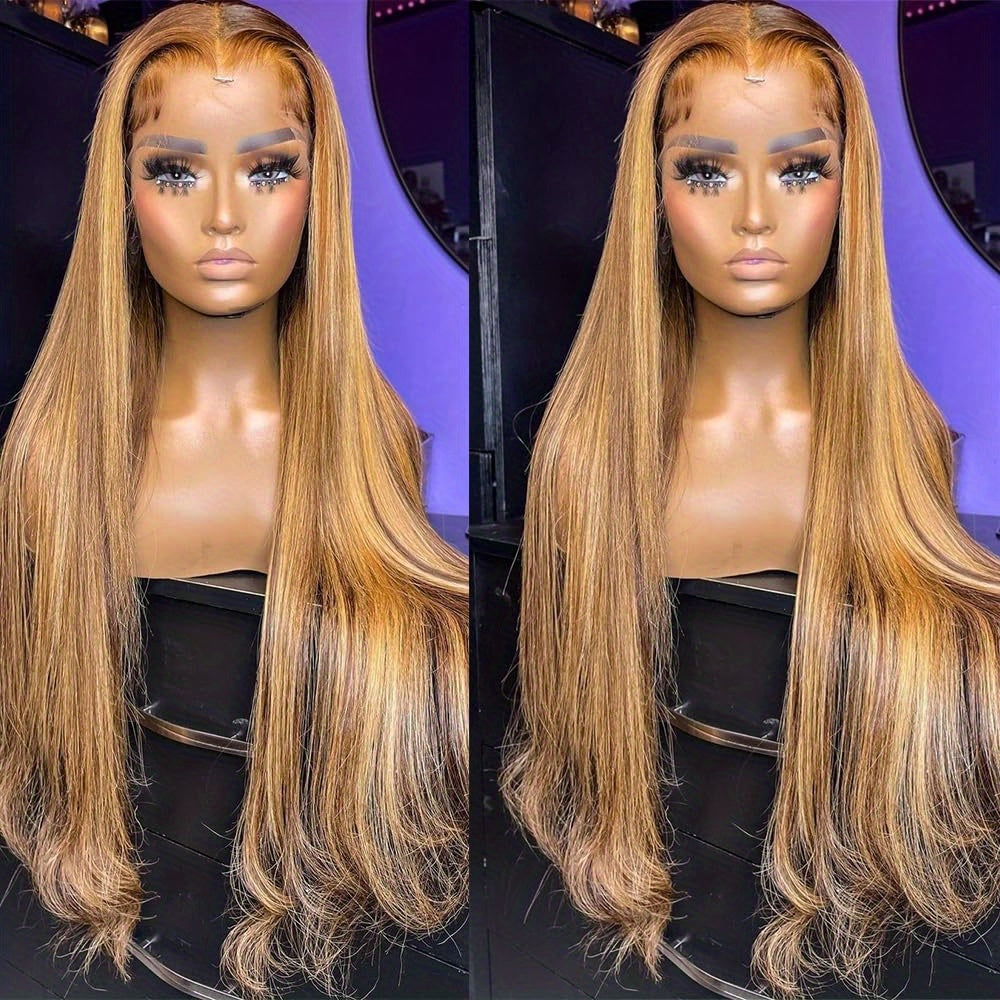 Honey Blonde 13X4 HD Lace Front Wig Human Hair Highlight Straight Lace Frontal Wigs Human Hair Pre Plucked 28 Inch 180 Density Ombre Wigs for Women P4/27 Colored Glueless Wig with Baby Hair